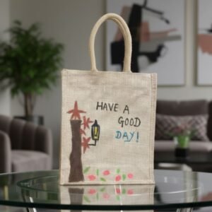 Hand painted jute tote bag of a good day