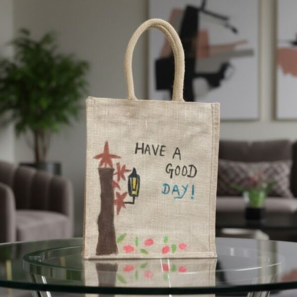 Hand painted jute tote bag of a good day Hand painted jute tote bag of a good day