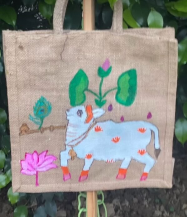 Hand painted jute tote bag of pichwai Hand painted jute tote bag of pichwai