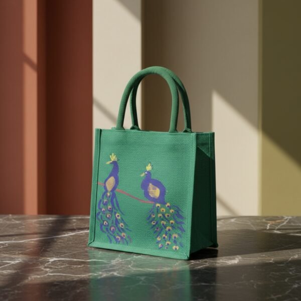 Green Jute tote bag Peacock Duo