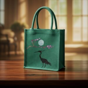 Green Jute tote bag Crane under majestic moon