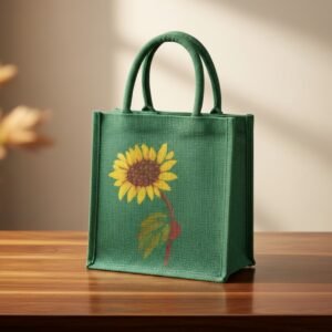 Green Jute tote bag Sunflower